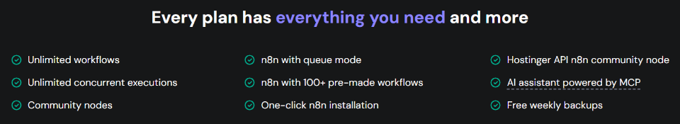 Hostinger VPS Hosting Plans for n8n Self-Hosting available features